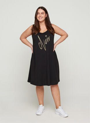 Sleeveless cotton dress in A-line, Black NOIR, Model image number 2