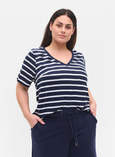 Striped cotton t-shirt with v-neckline, Navy B White Stripe, Model image number 0