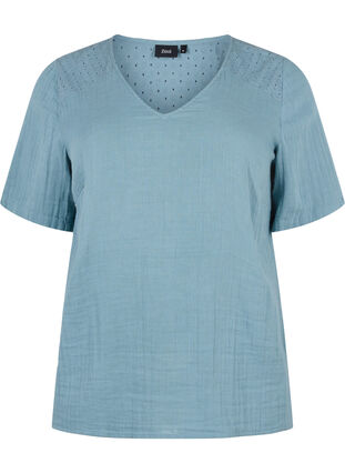 Cotton blouse with embroidery and short sleeves, Smoke Blue, Packshot image number 0