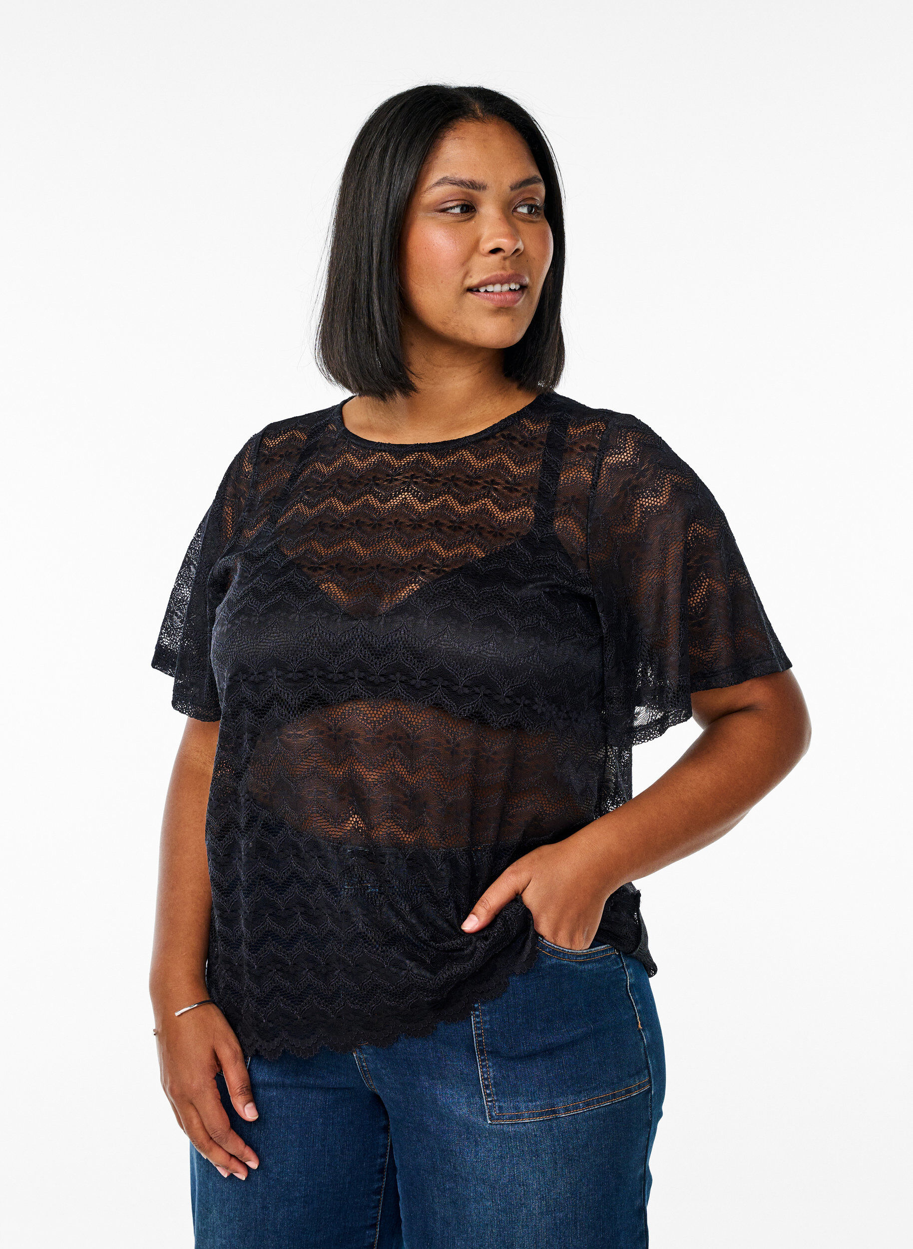 Zizzifashion Lace blouse with short sleeves and scalloped hem, Black, Model image number 0