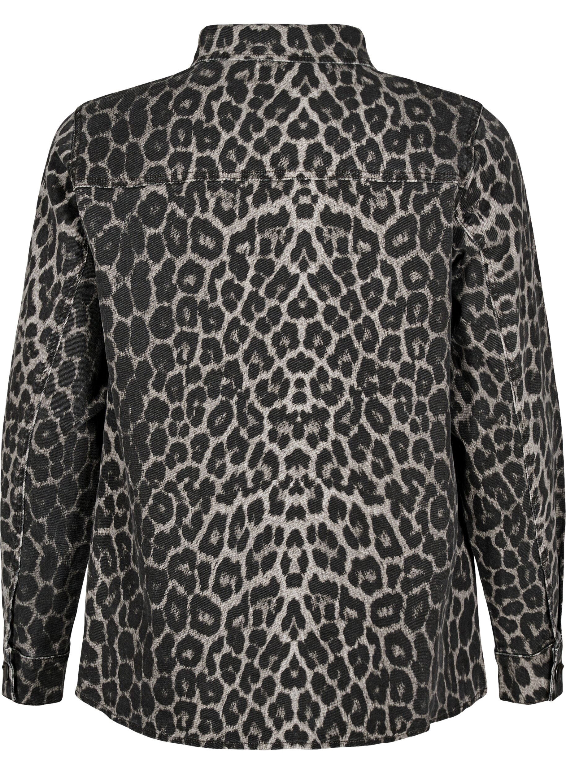 Zizzifashion Leopard print denim shirt with buttons, Dark Grey, Packshot image number 1