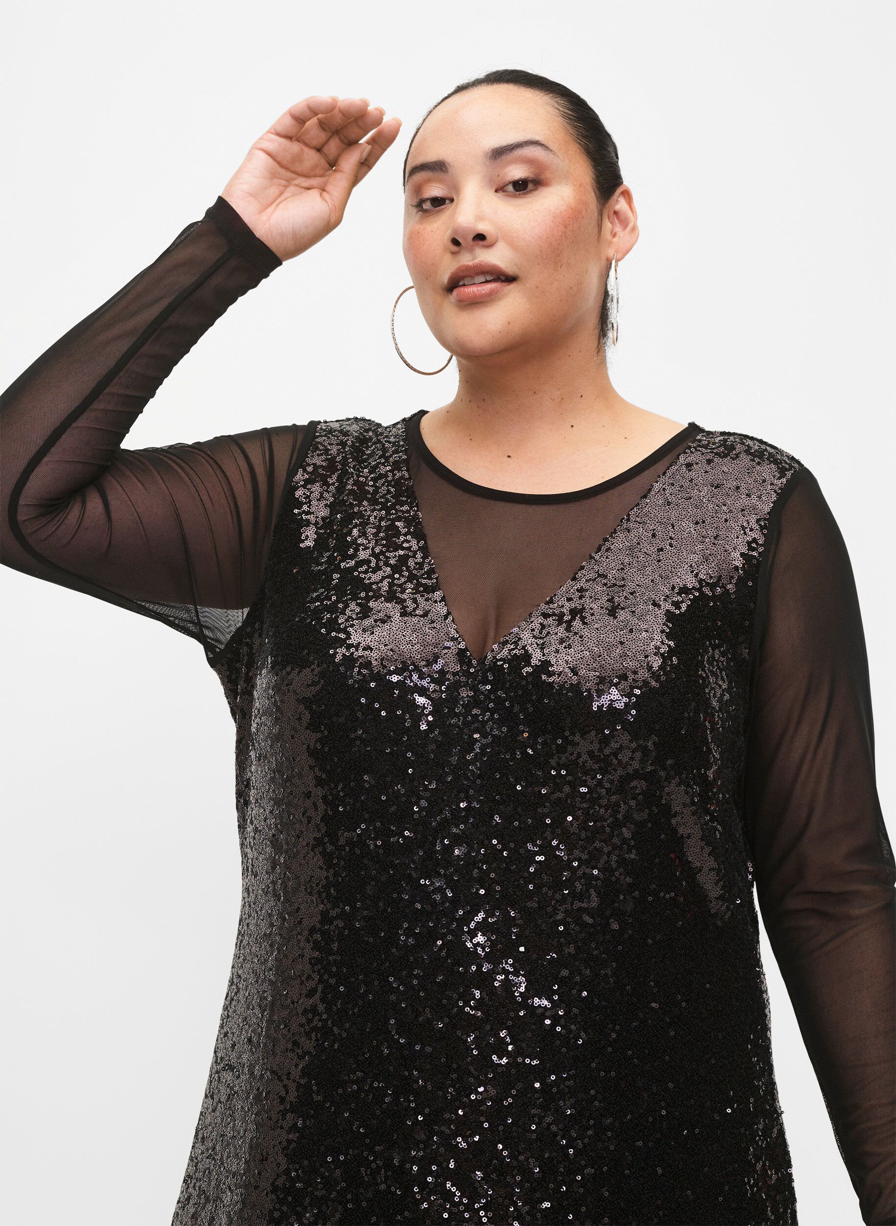 Zizzifashion A-line sequin dress with long sleeves, Black, Model image number 2
