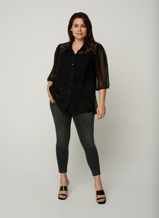 Transparent shirt with 3/4 length puff sleeves, Black, Model image number 2