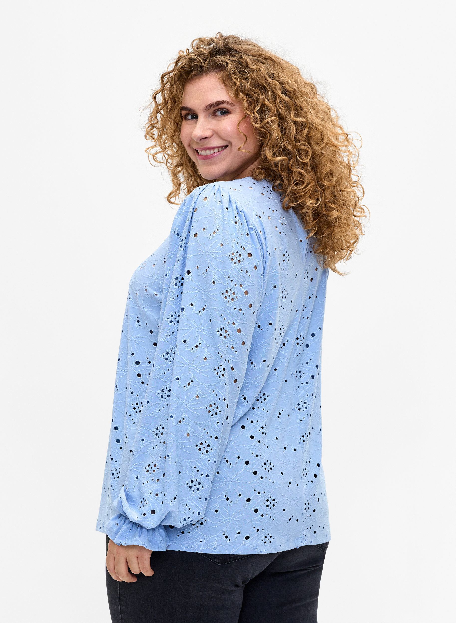 Zizzifashion Long-sleeved blouse with hole pattern, Serenity, Model image number 1