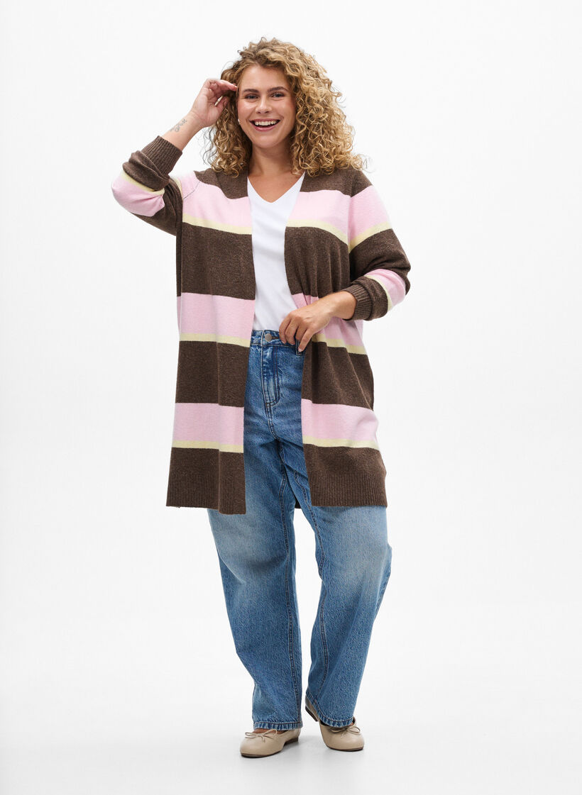 Long knit cardigan with wide stripes, Brown, Model image number 1