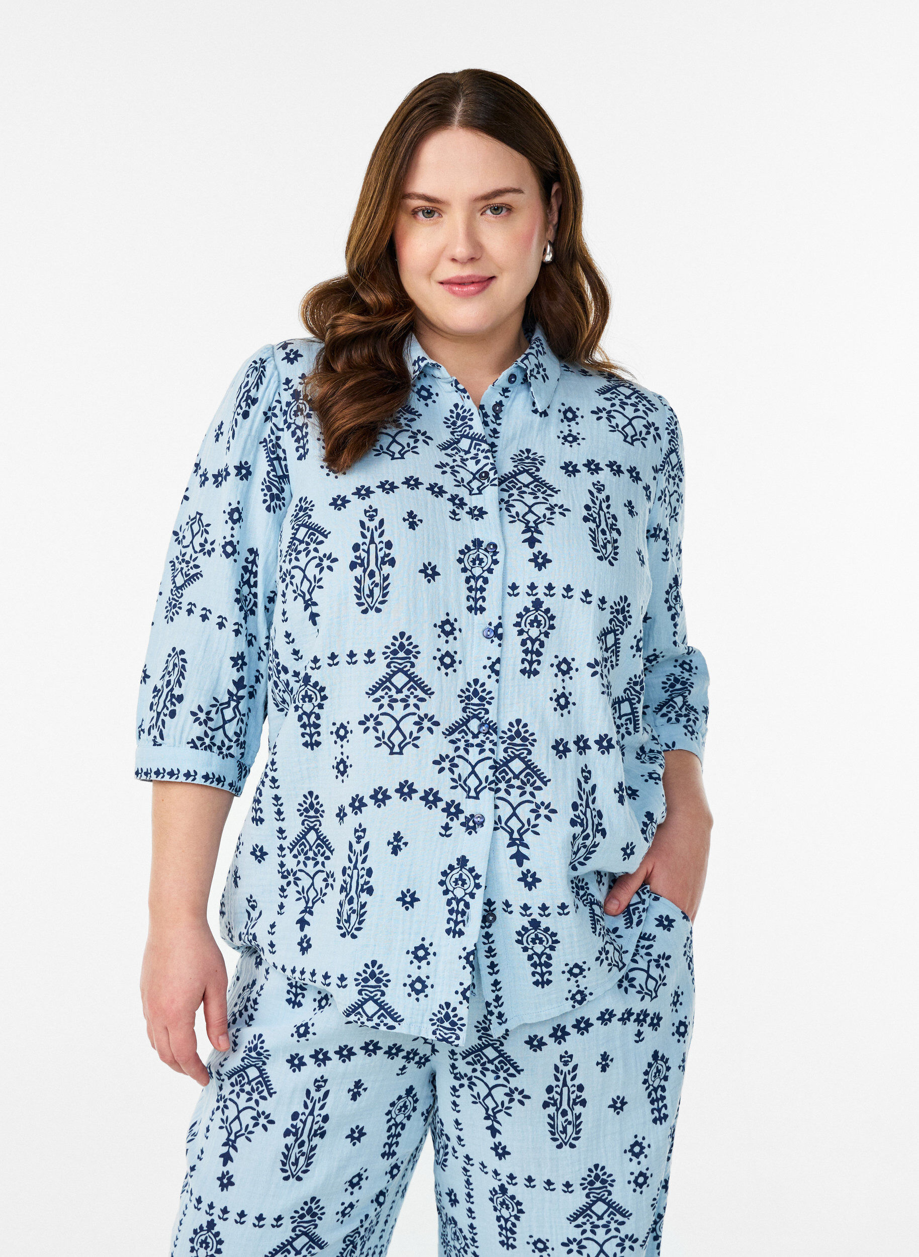 Zizzifashion Shirt blouse with 3/4 sleeves, Light Blue, Model image number 0