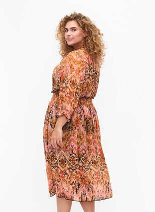 Printed midi dress with smock and 3/4 sleeves, Colorful Ethnic, Model image number 1