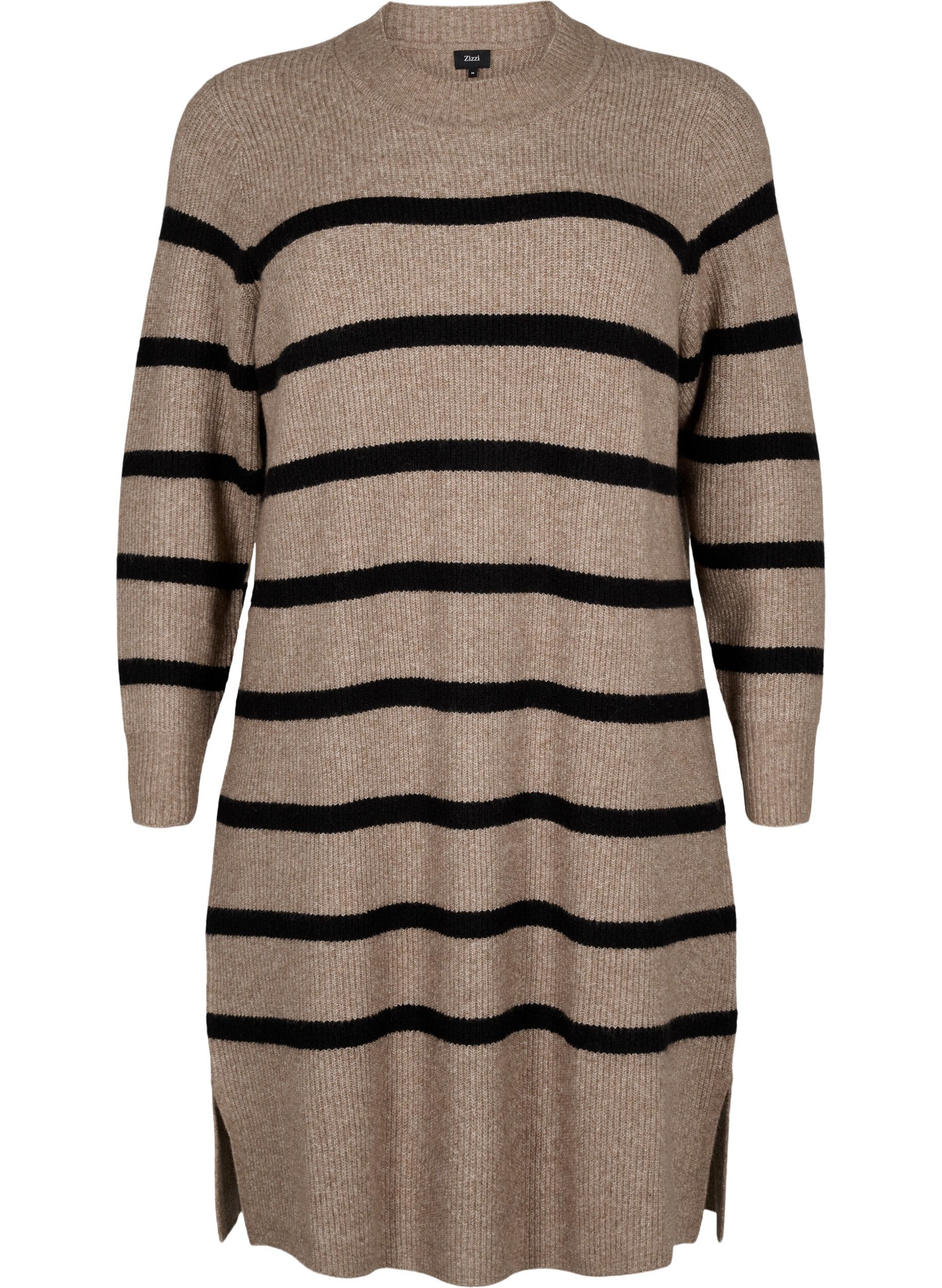 Zizzifashion Long-sleeved knitted dress with stripes, Desert Taupe Comb, Packshot image number 0