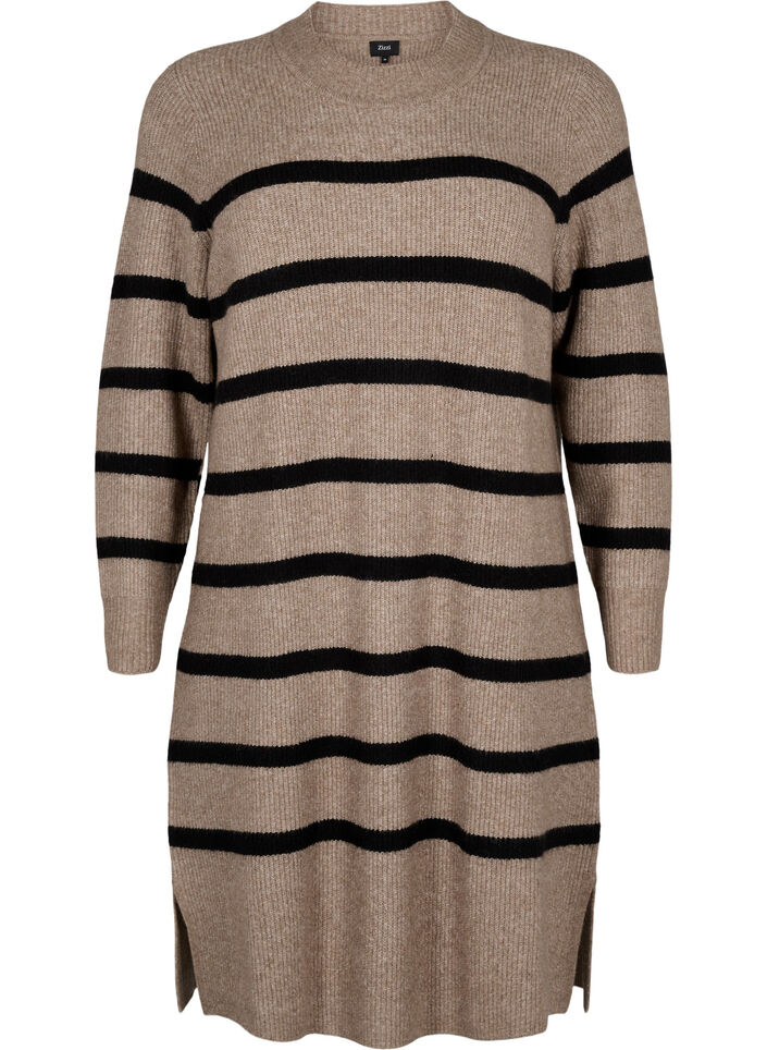 Long-sleeved knitted dress with stripes, Desert Taupe Comb, Packshot image number 0