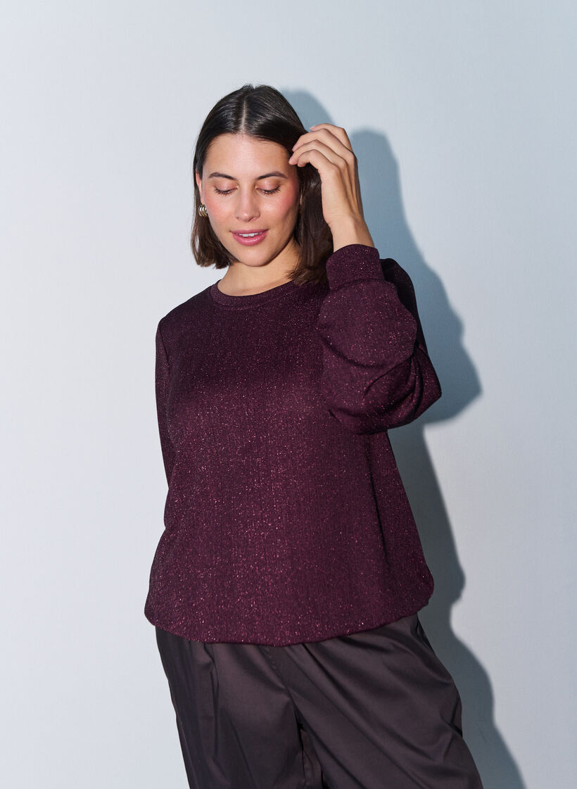 Blouse with vertical texture and glitter thread, Red, Model image number 0
