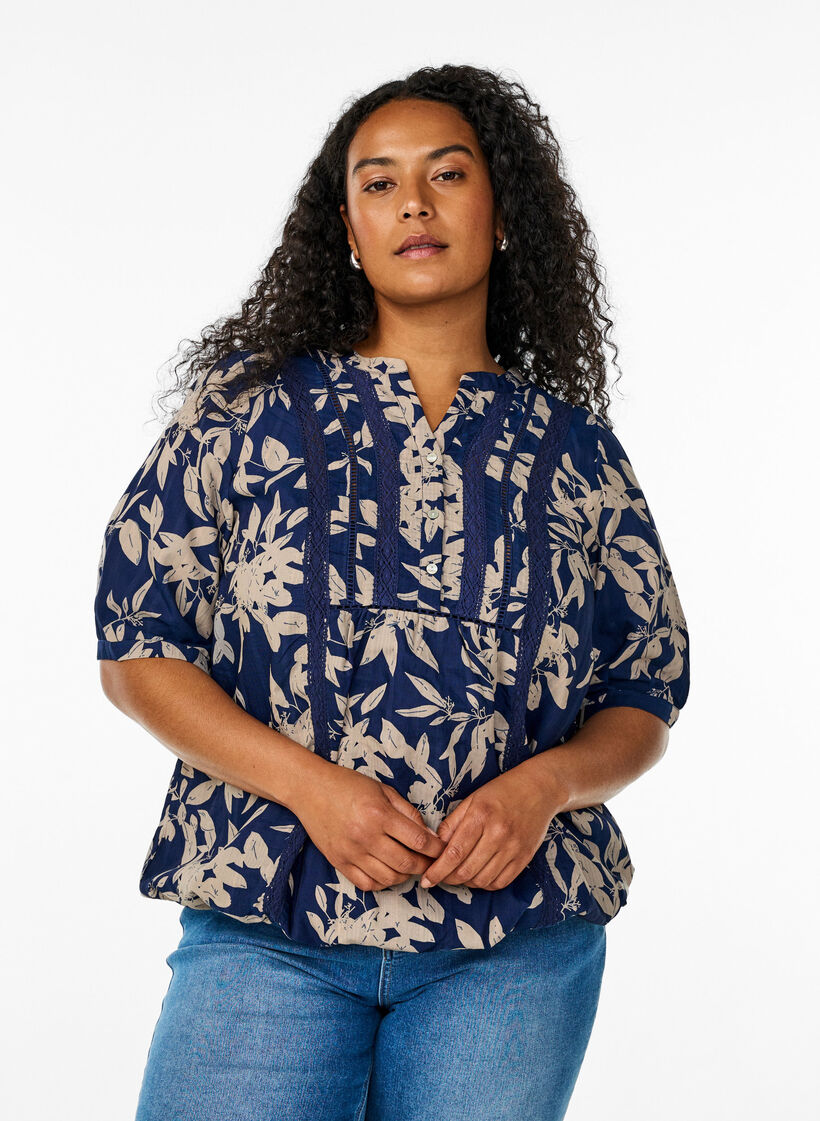 Blouse with print and 1/2 sleeves, Blue, Model image number 0