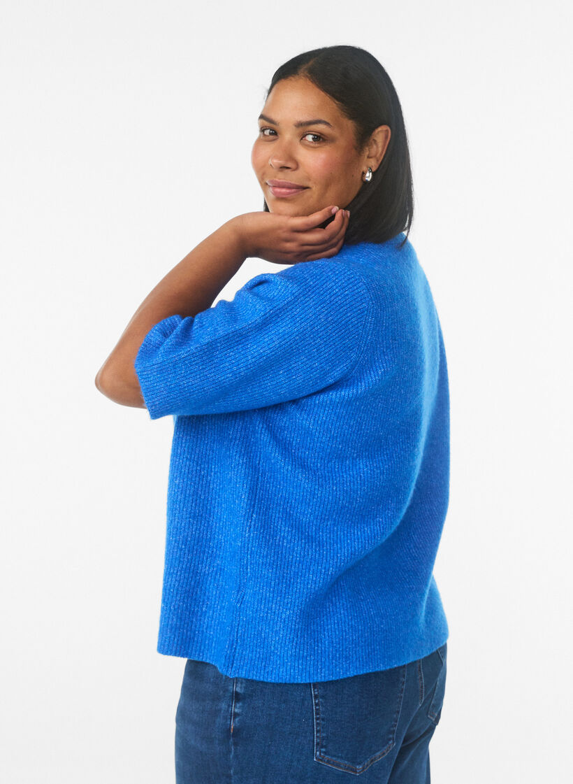 Short-sleeved knit cardigan with shiny ball buttons, Light Blue, Model image number 2