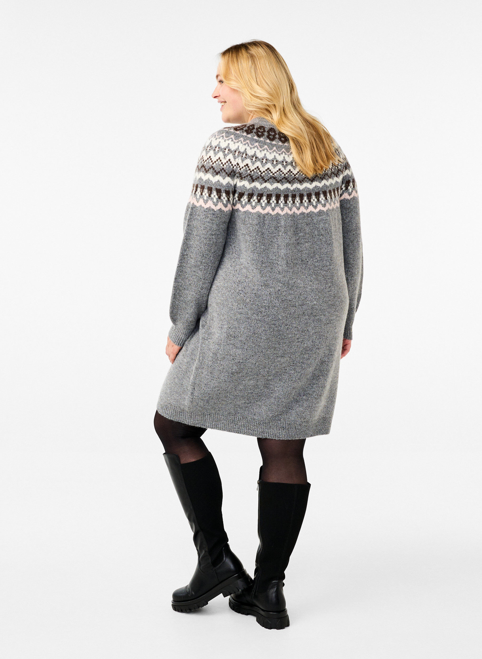 Zizzifashion Knitted dress with jacquard pattern and long sleeves, Medium Grey Comb, Model image number 1