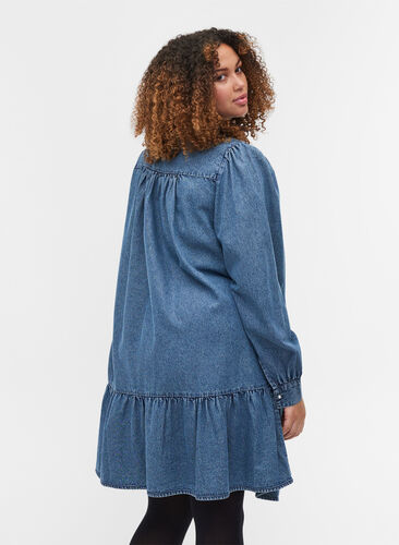 Puff sleeve denim tunic with pearl buttons, Blue denim, Model image number 1