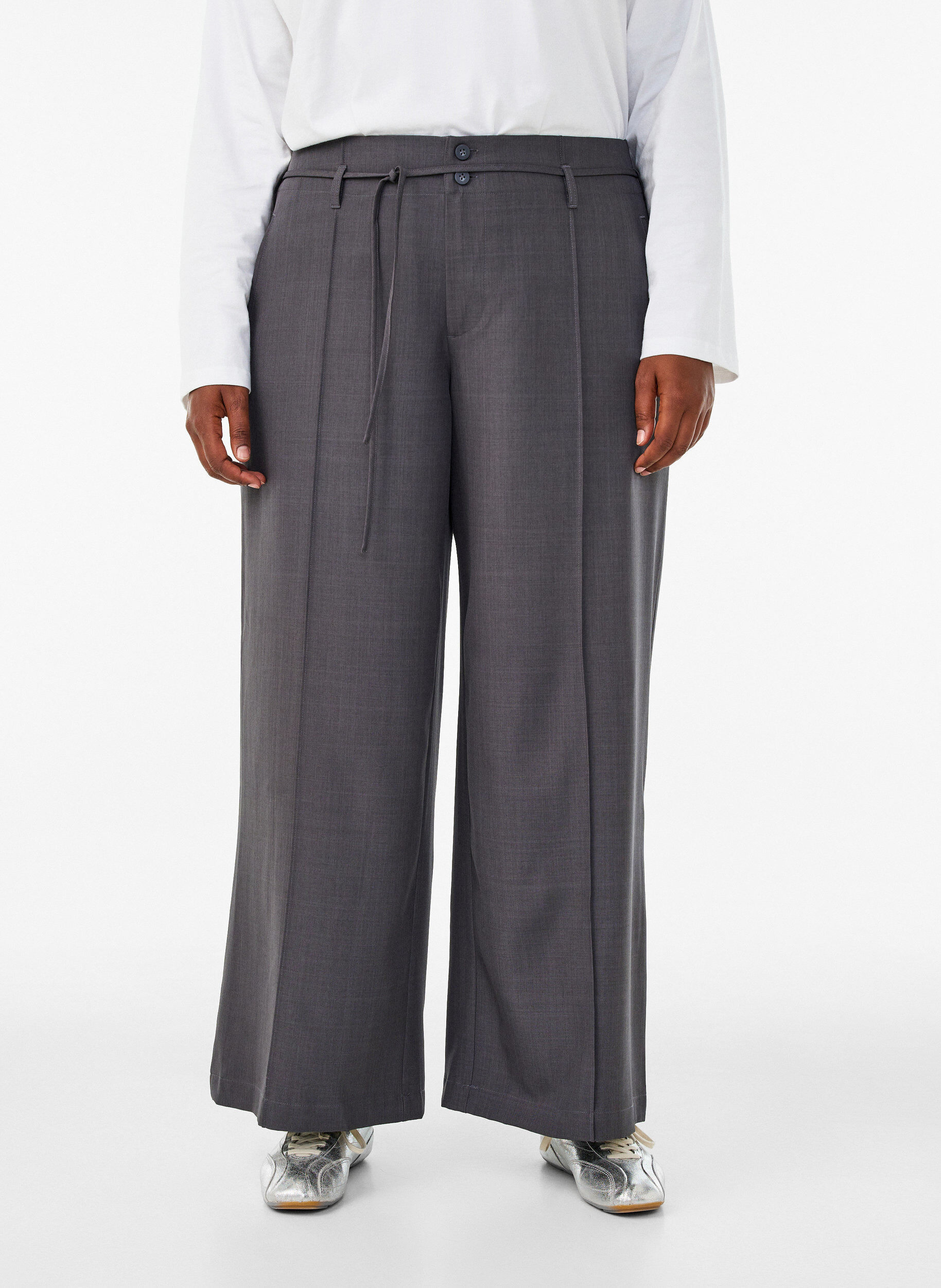 ZizzifashionTailored trousers with creases and a tie-belt, Dark Grey, Model image number 2