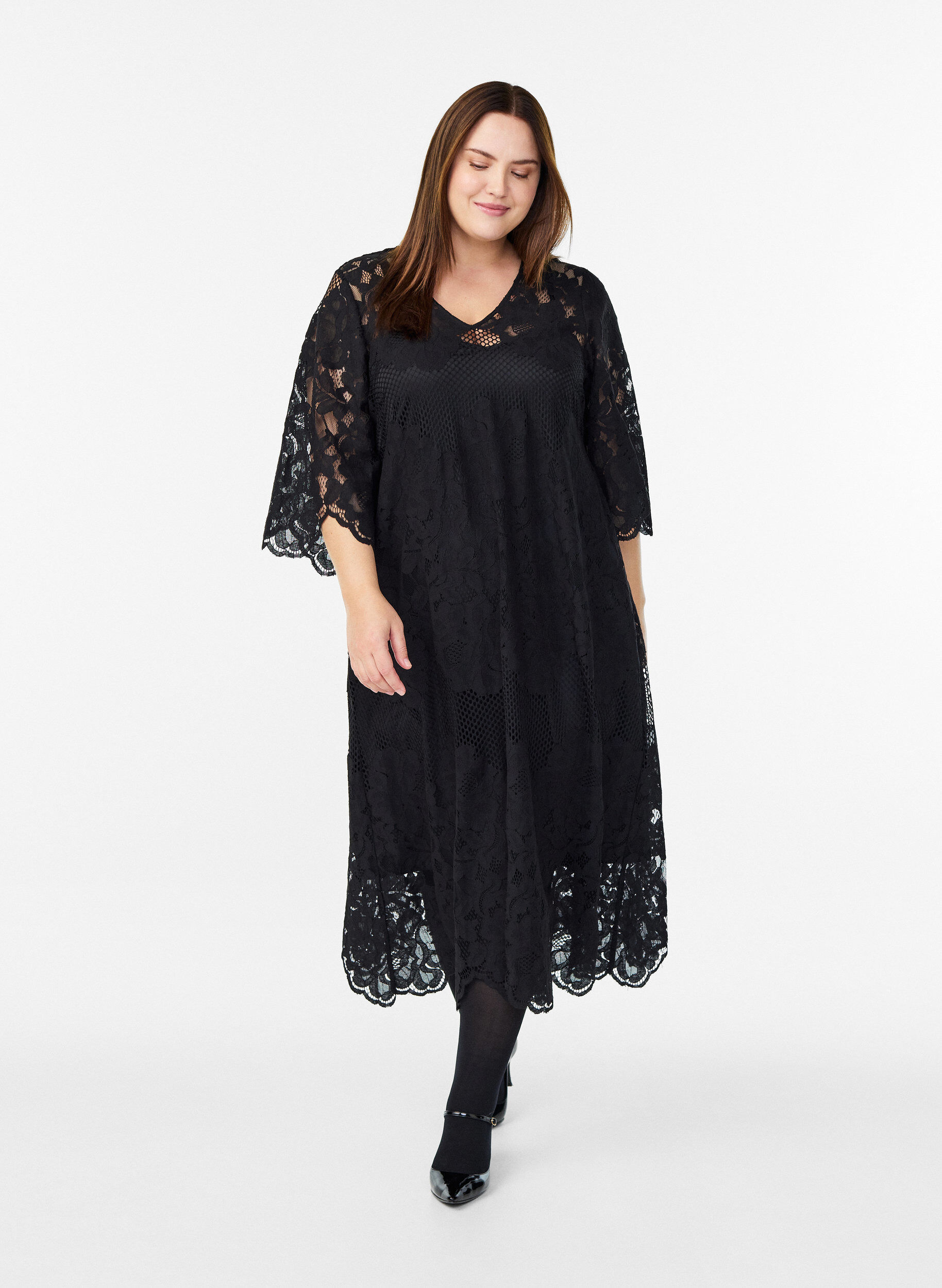 Midi lace dress with a V-neck, Black, Model