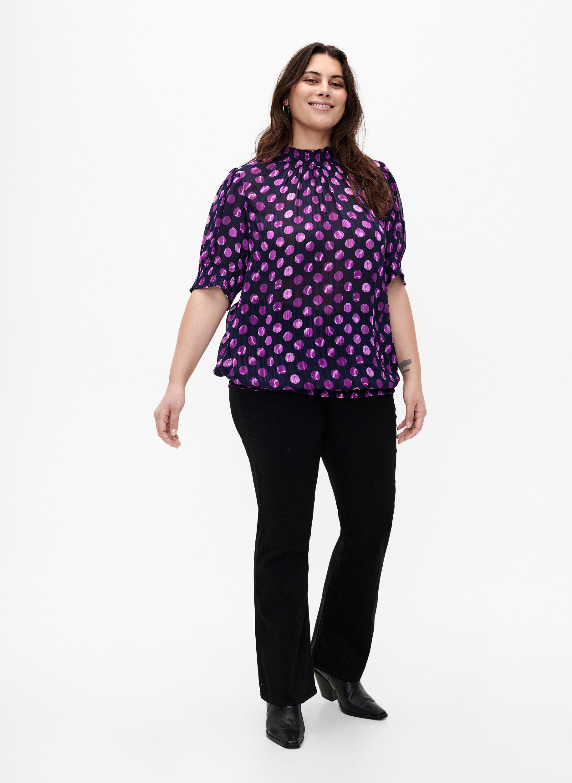 Zizzifashion Short-sleeved smock blouse with print, Medieval Bl. Dot AOP, Model image number 2