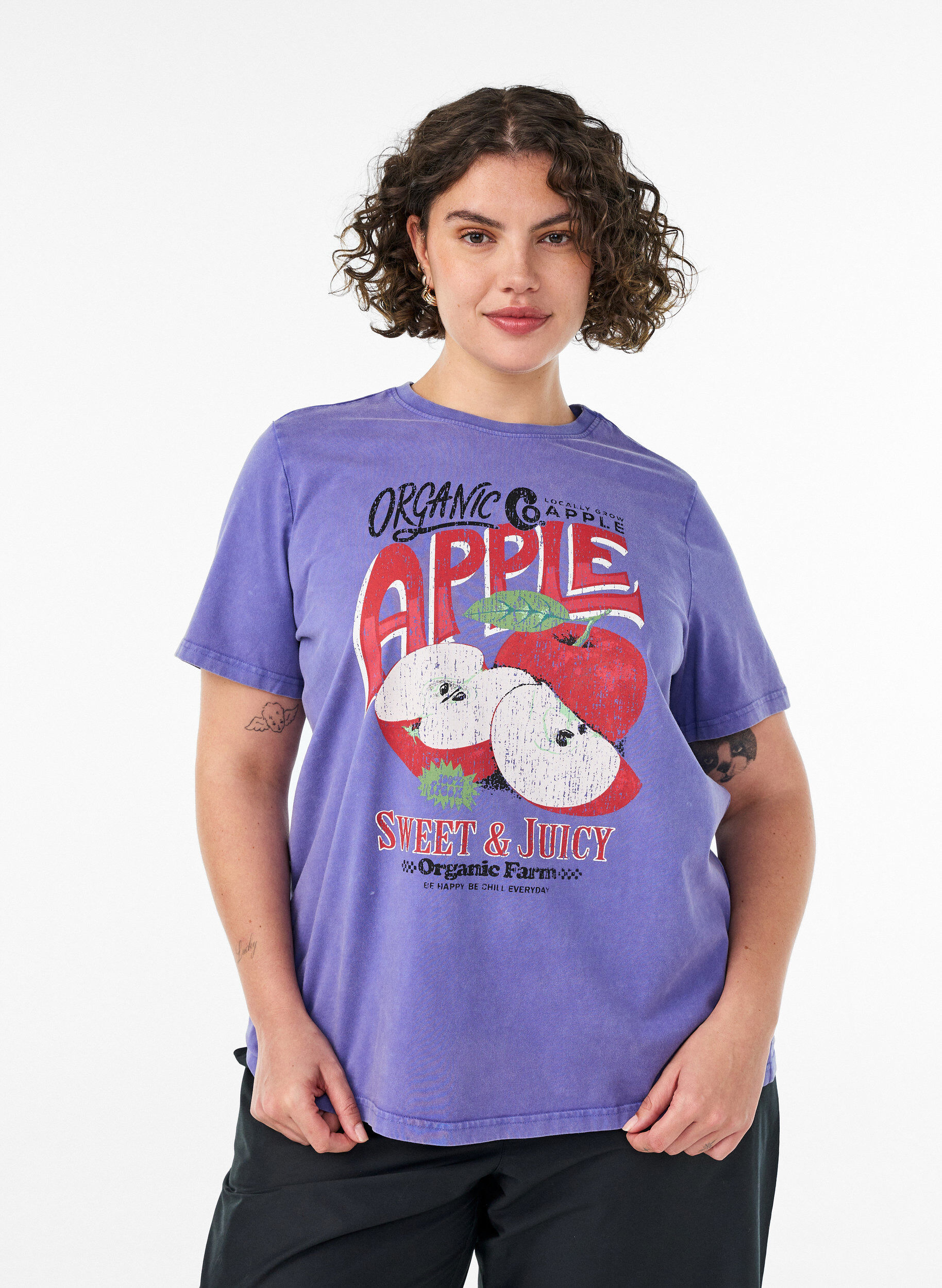 Zizzifashion Cotton T-shirt with front print and a washed look, Purple, Model image number 0
