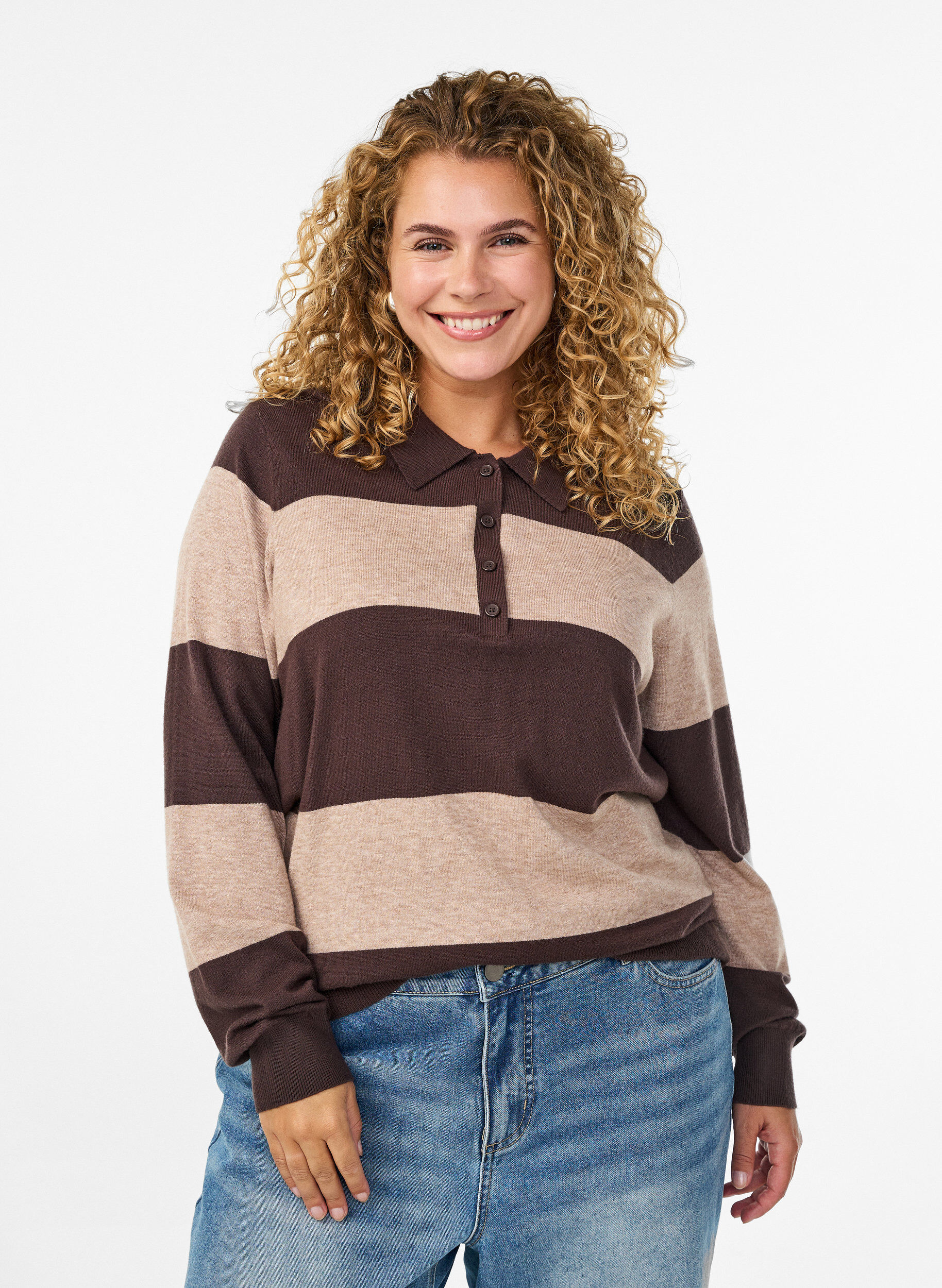 Knit blouse with collar, Brown, Model