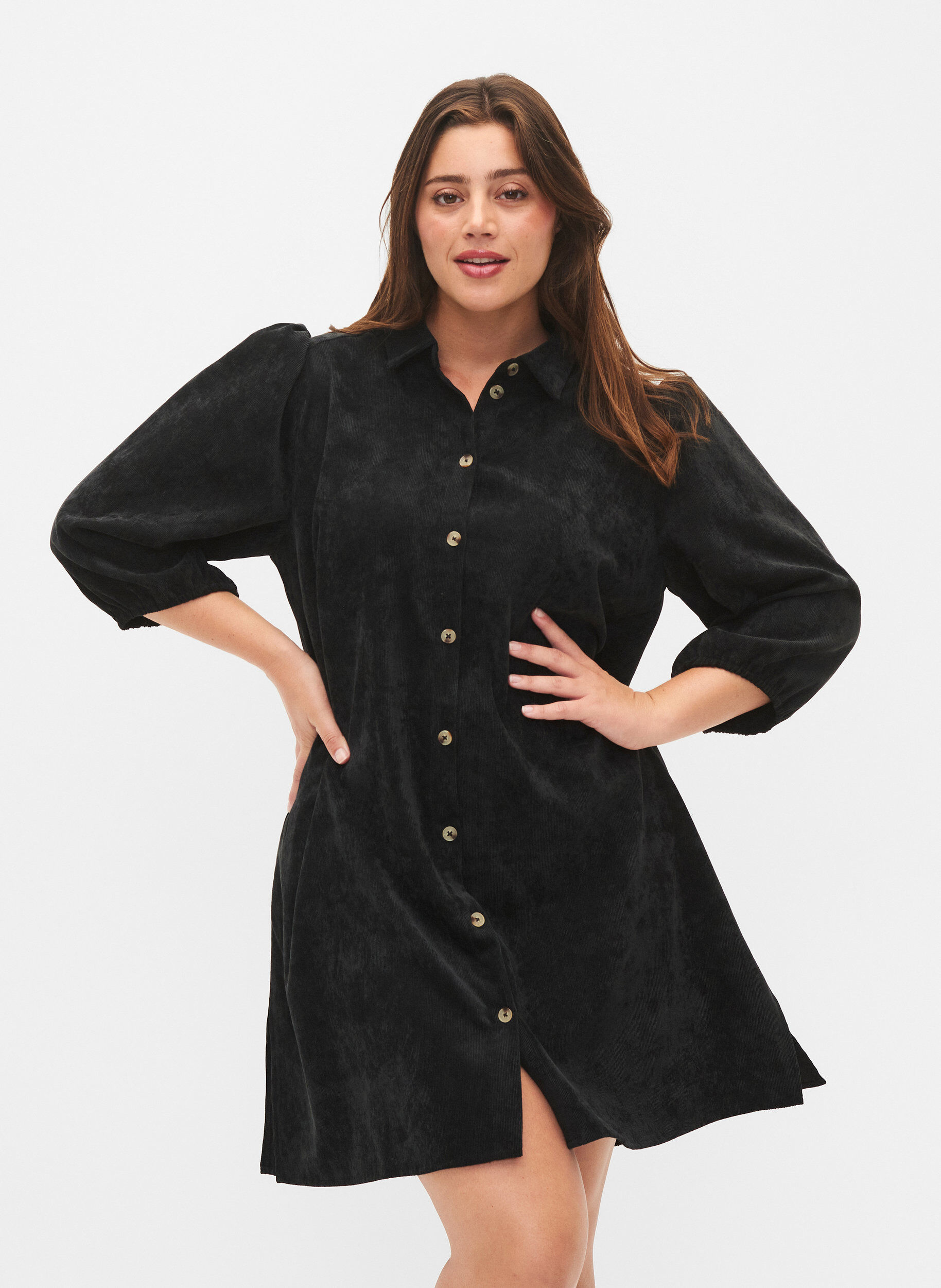 Zizzifashion Corduroy dress with 3/4 sleeves and buttons, Black, Model image number 0