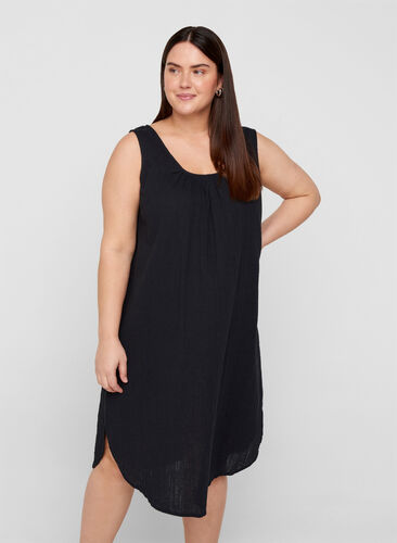 Sleeveless cotton dress in an A-line cut, Black, Model image number 0