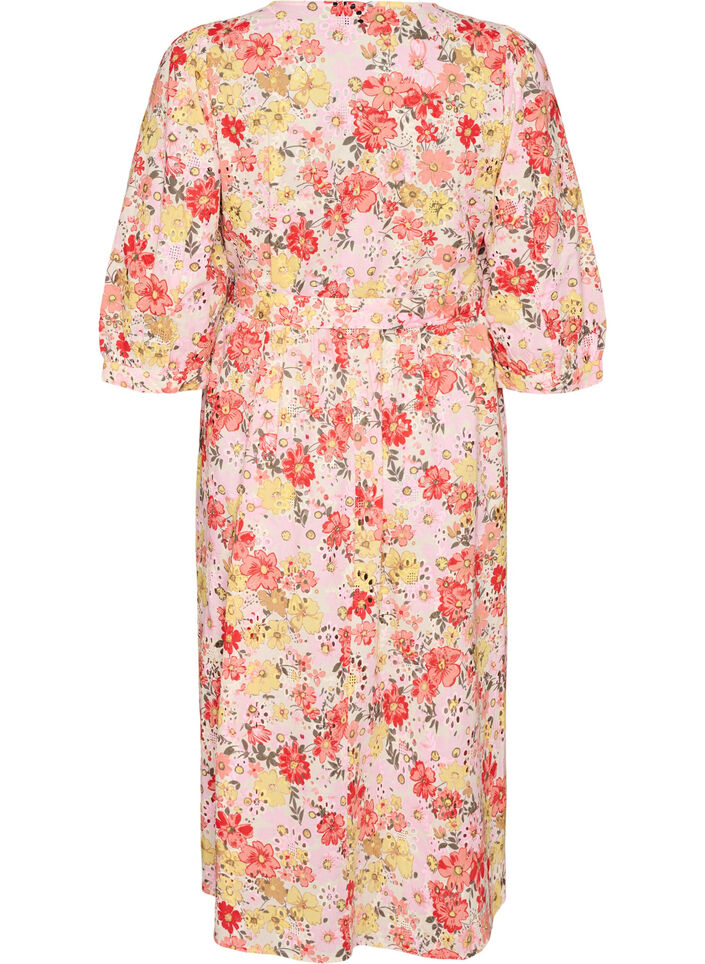 Floral midi dress with broderie anglaise and a tie-belt, Rose, Packshot