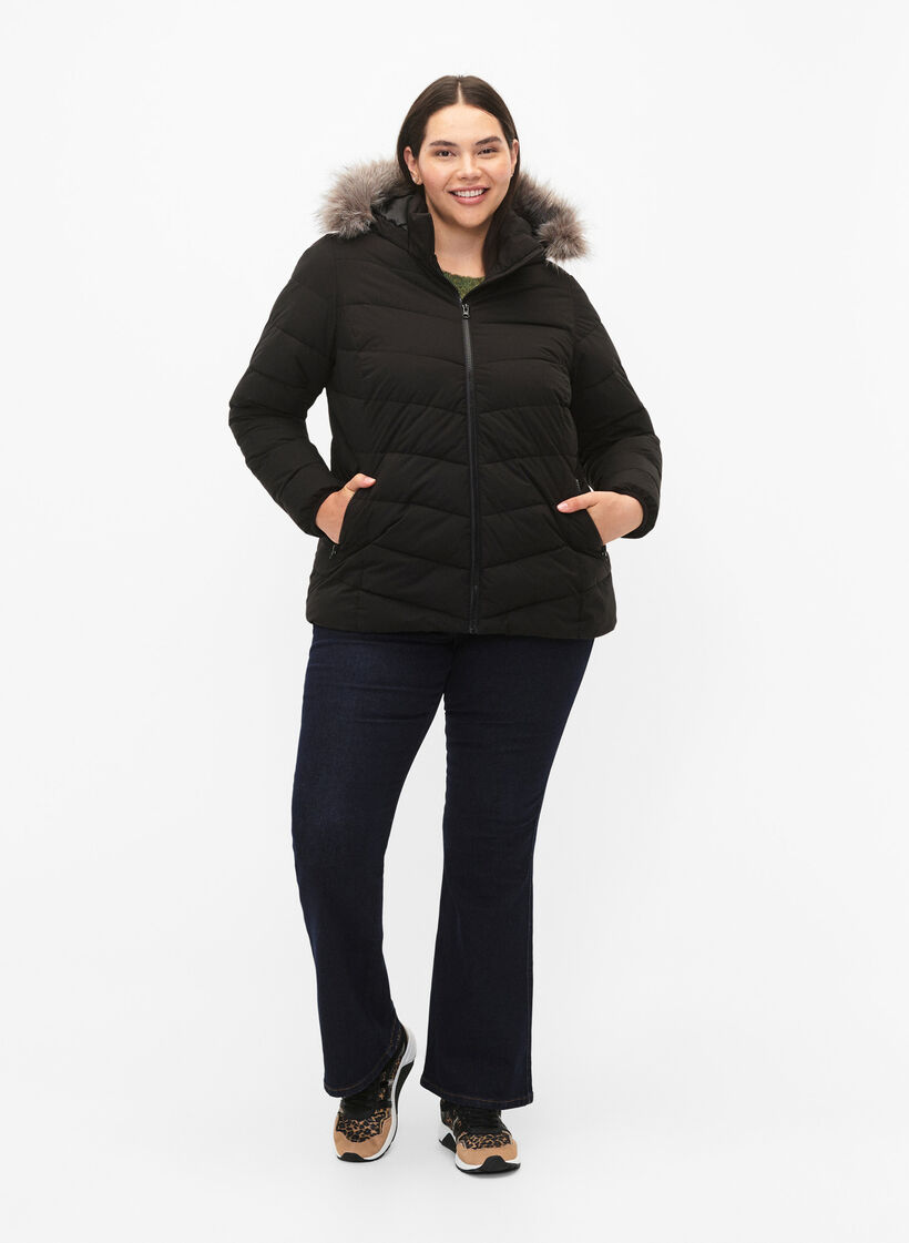 Short puffer jacket with hood, Black, Model image number 1