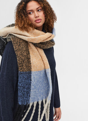 Knitted scarf with fringe, Brown Blue, Model image number 0