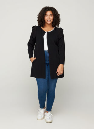 Knitted cardigan with ruffles and pockets, Black, Model image number 2