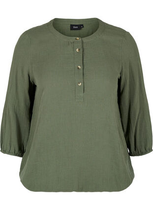 Cotton blouse with buttons and 3/4 sleeves, Thyme, Packshot image number 0