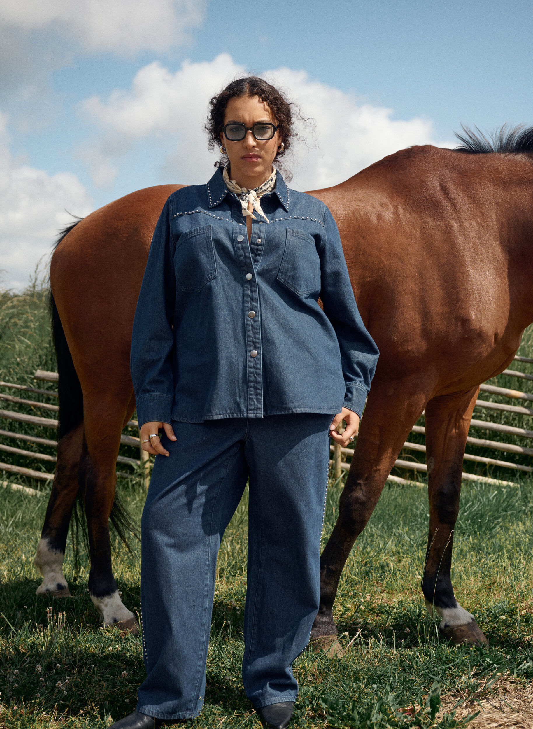 Zizzifashion Wide leg jeans with studs and a high waist, Blue, Image image number 0