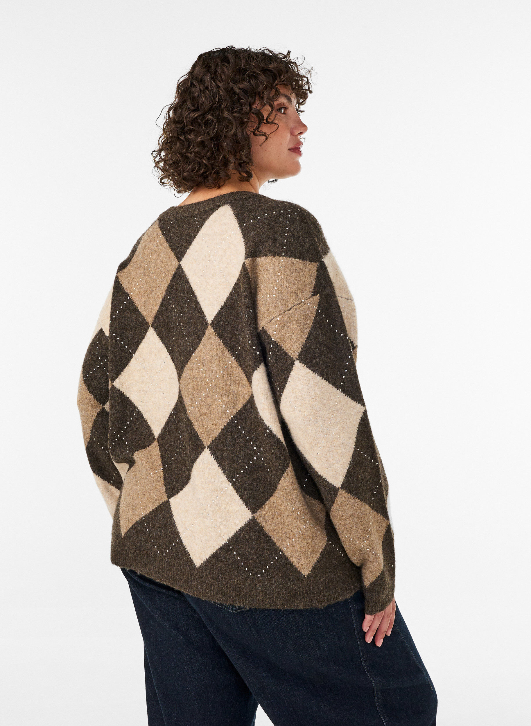 ZizzifashionKnitted top with argyle pattern and rhinestones, Brown, Model image number 2