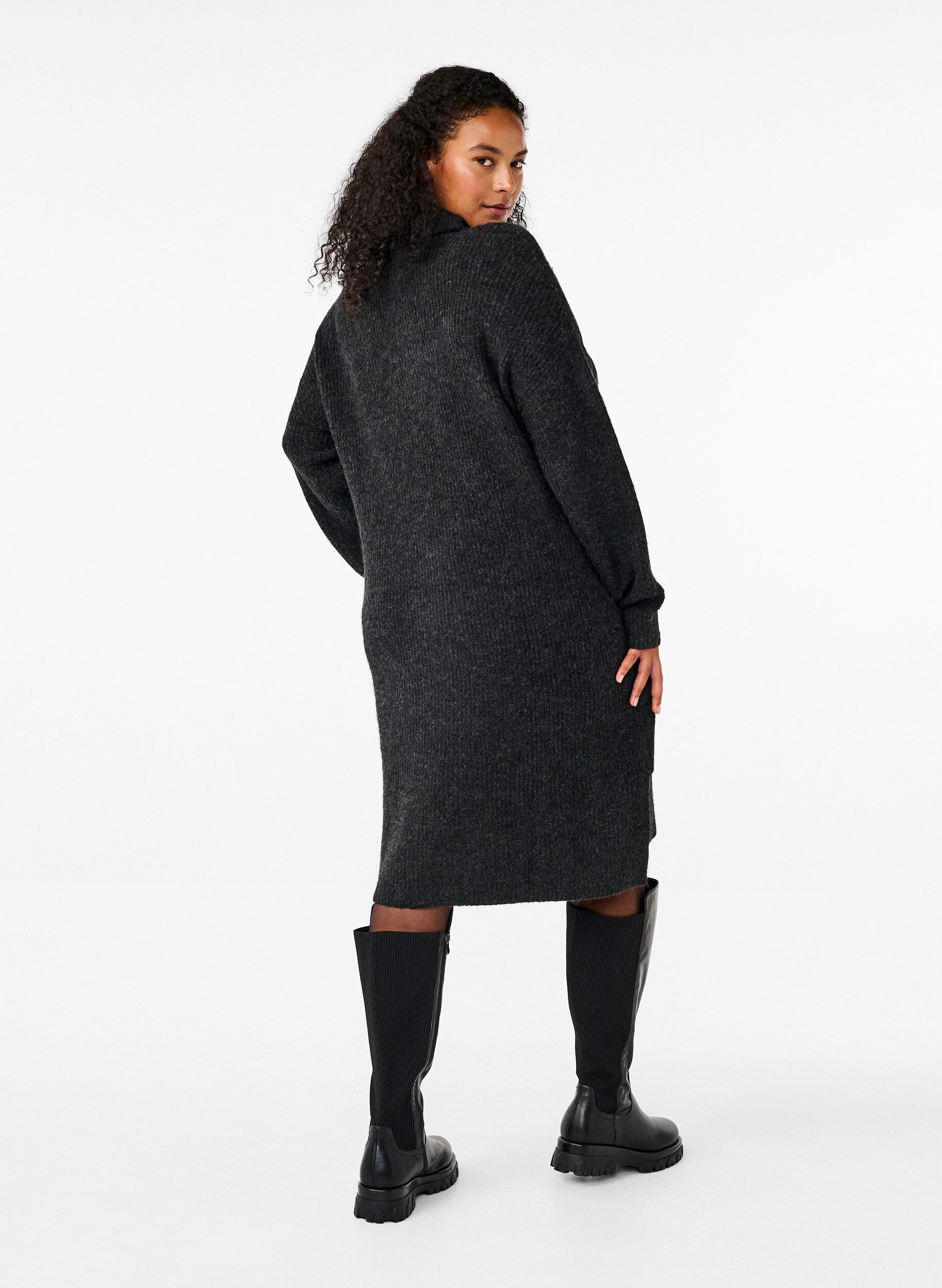 ZizzifashionKnitted dress with turtleneck, Dark Grey, Model image number 2