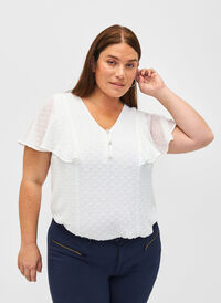 Blouse with dotted texture and short sleeves, Bright White, Model