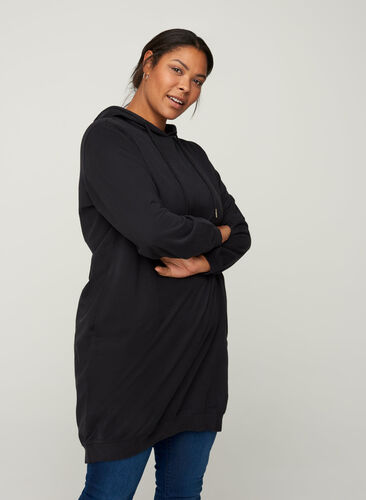 Cotton sweat dress with a hood, Black Solid, Model image number 0