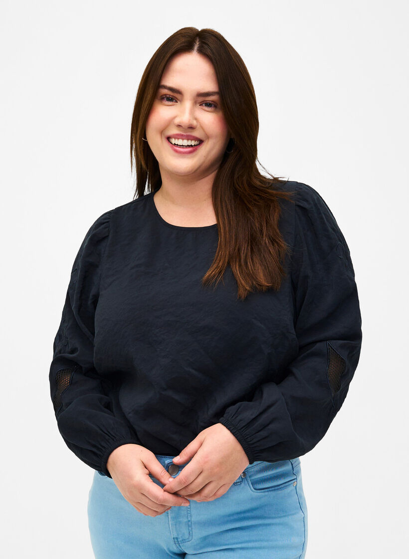 Blouse with TENCEL™ Modal with embroidery details, Black, Model image number 0