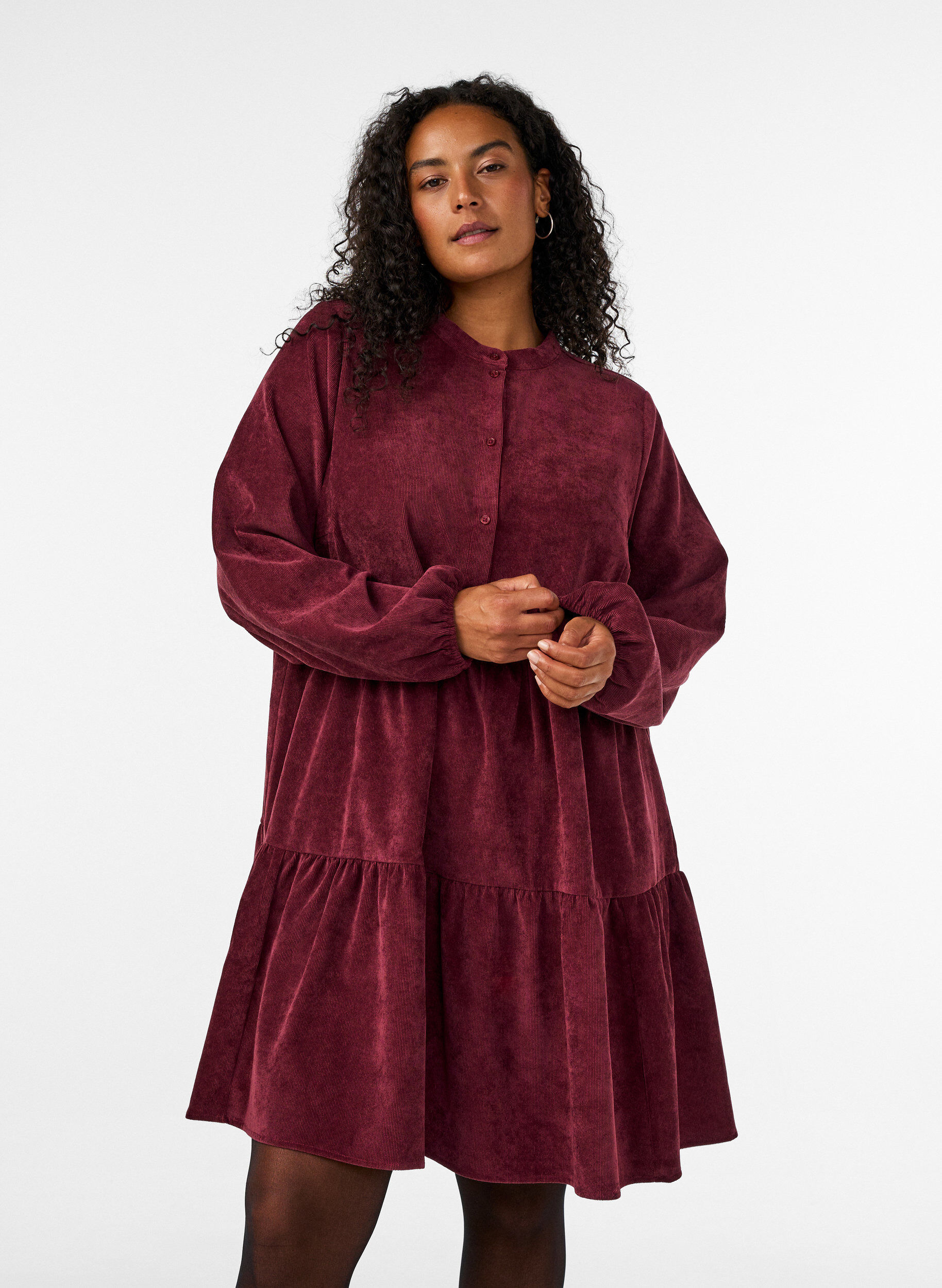 ZizzifashionCorduroy dress with A-line shape and stand collar, Red, Model image number 0