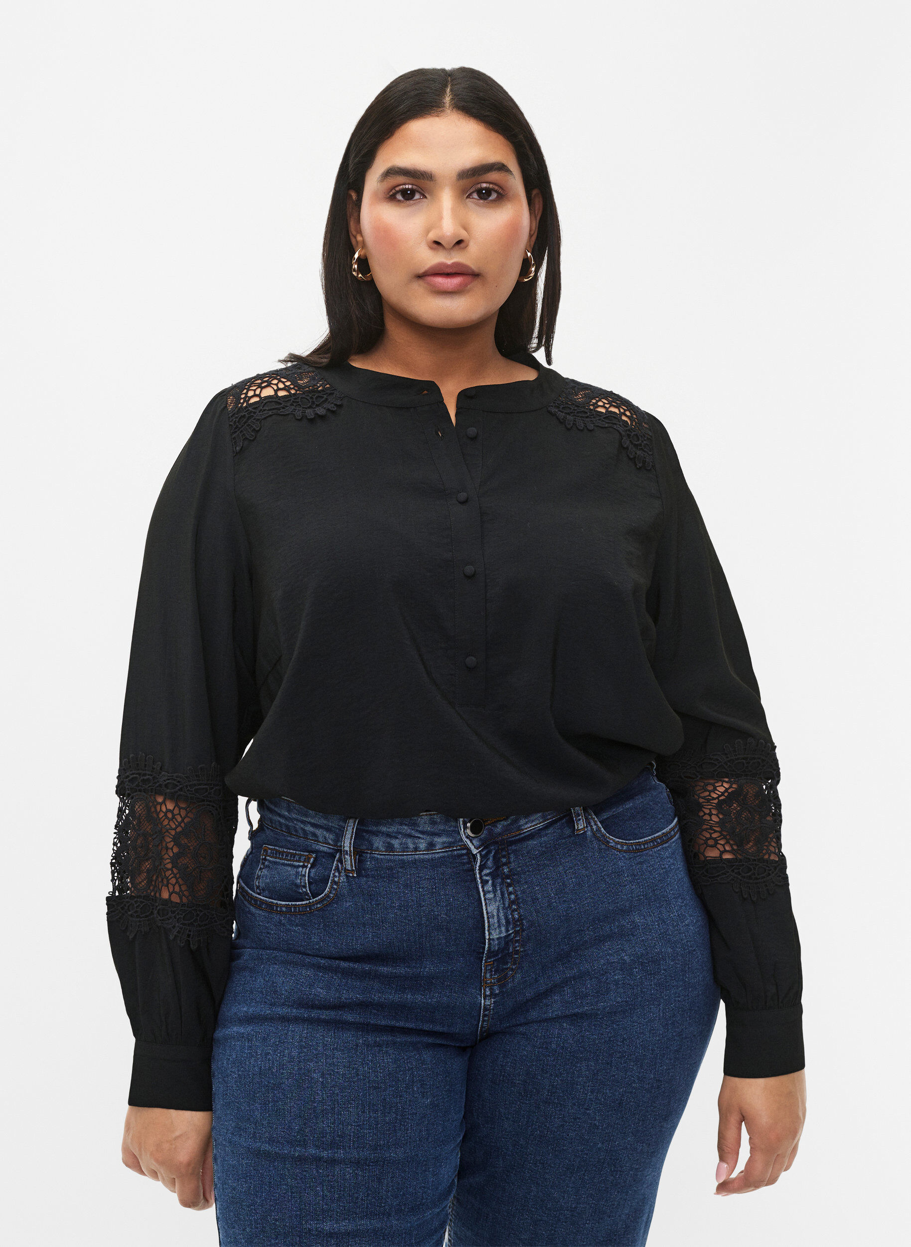 Zizzifashion Viscose blouse with crocheted details, Black, Model image number 0