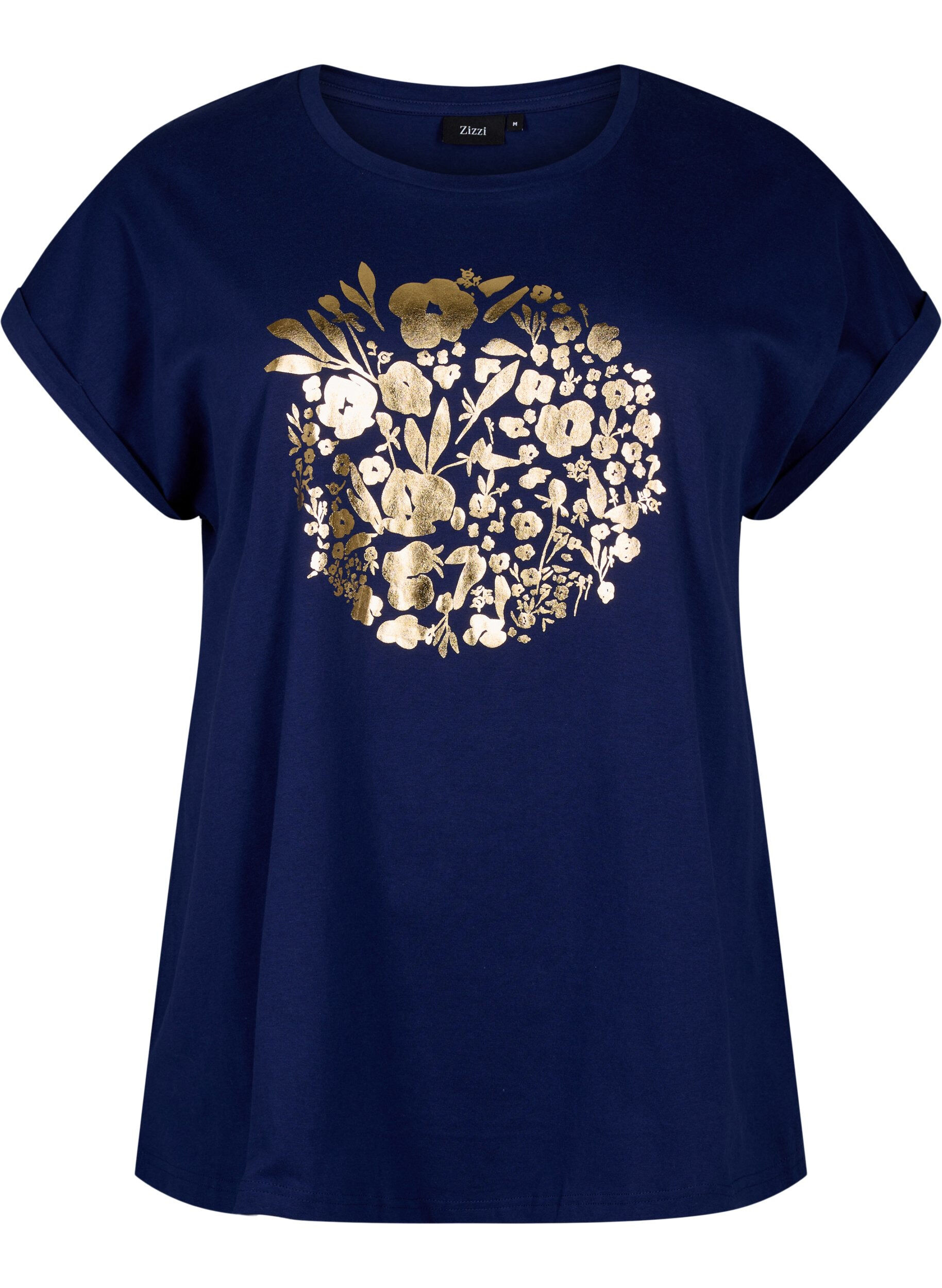 Zizzifashion Organic cotton T-shirt with gold print, Med.Blue Gold Flower, Packshot image number 0
