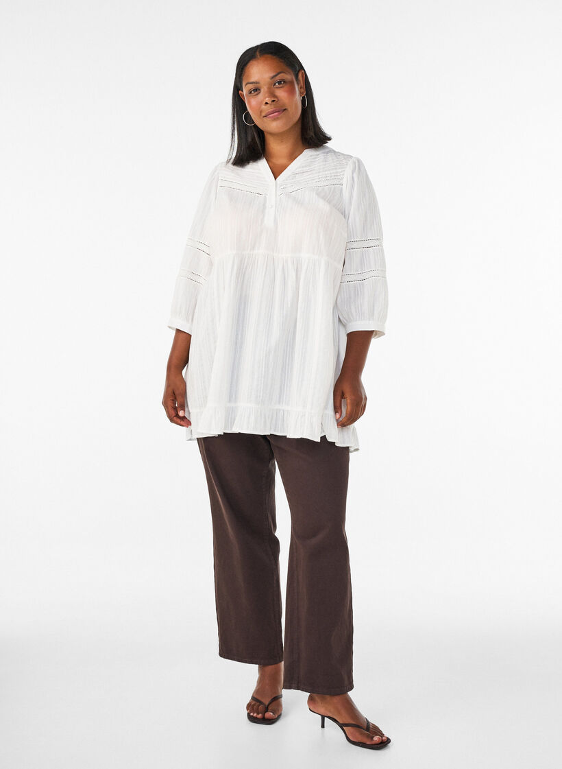 Tunic with eyelet embroidery details and 3/4 sleeves, Vanilla, Model image number 1