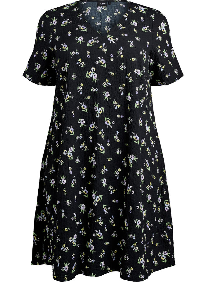 FLASH - Short-sleeved dress with a V-neck, Black, Packshot image number 0