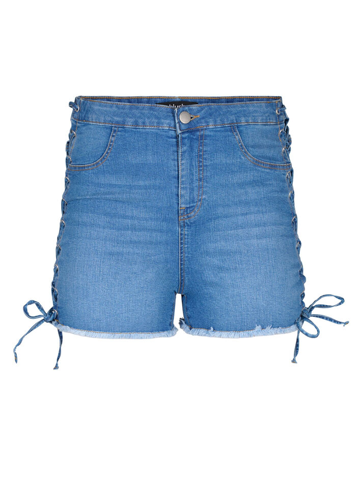 Denim shorts with lace-up details, Blue Denim, Packshot image number 0