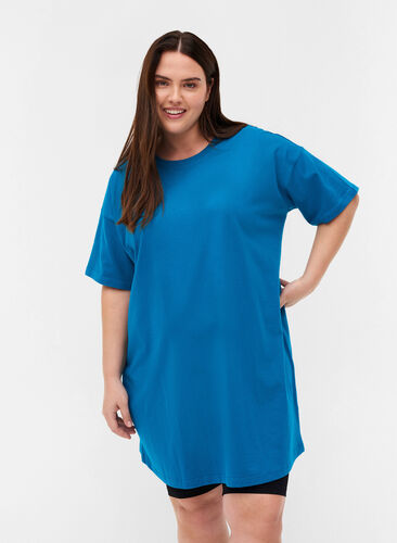Long, short-sleeved T-shirt in cotton, Fjord Blue, Model image number 0