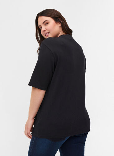 Cotton blouse in rib with 2/4-length sleeves, Black, Model image number 1