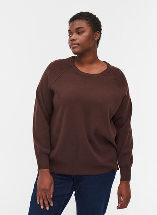 Knitted blouse with rounded neckline, Coffee Bean, Model image number 0