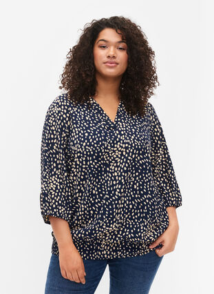 Blouse with smock and 3/4 sleeves, Navy B./Beige Dot, Model image number 0