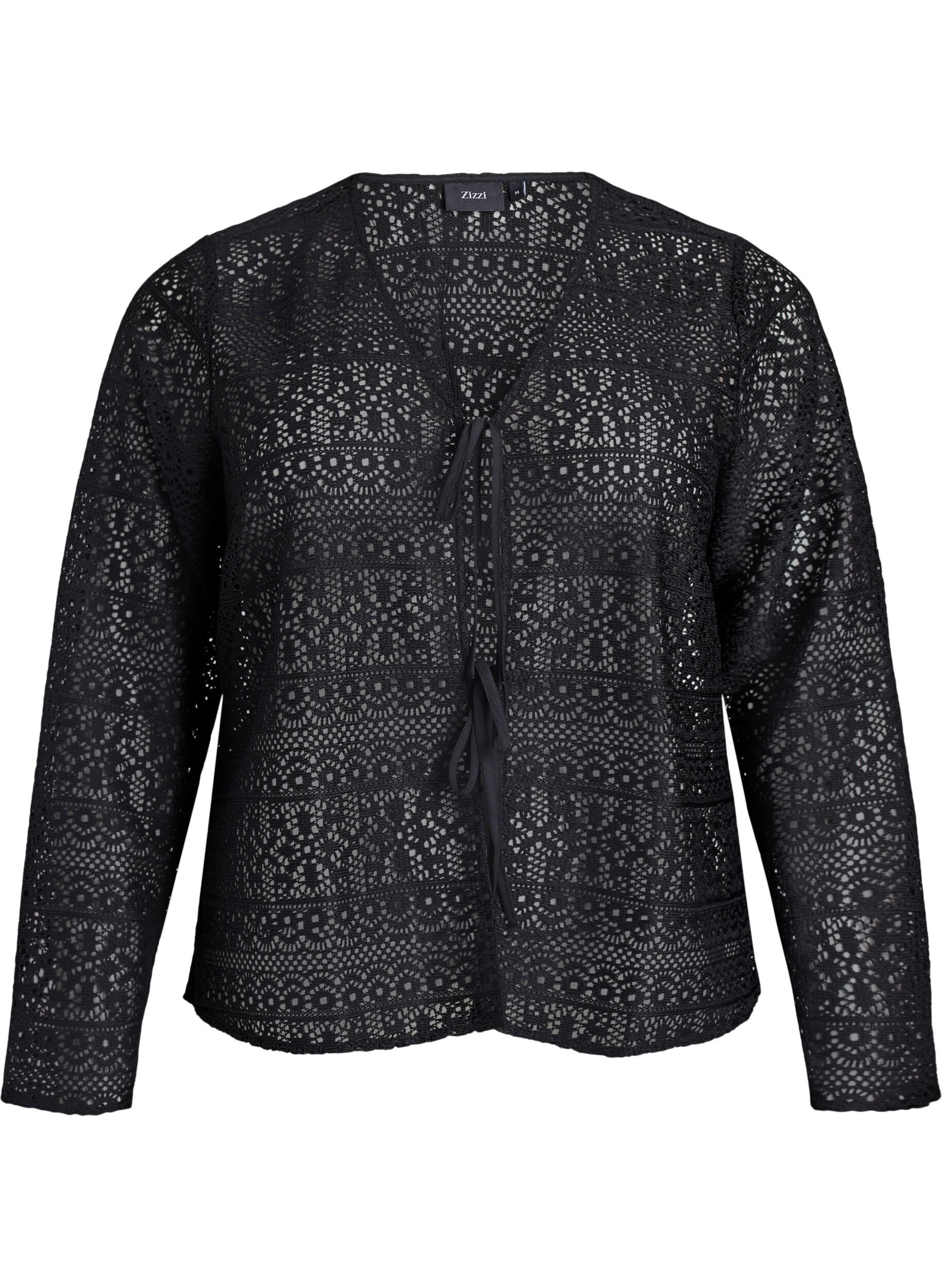 Zizzifashion Cardigan with openwork pattern and tie strings, Black, Packshot image number 0
