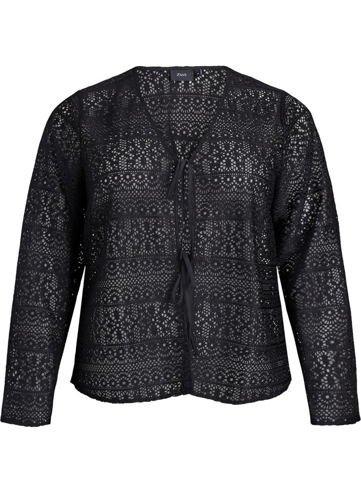 Cardigan with openwork pattern and tie strings, Black, Packshot image number 0