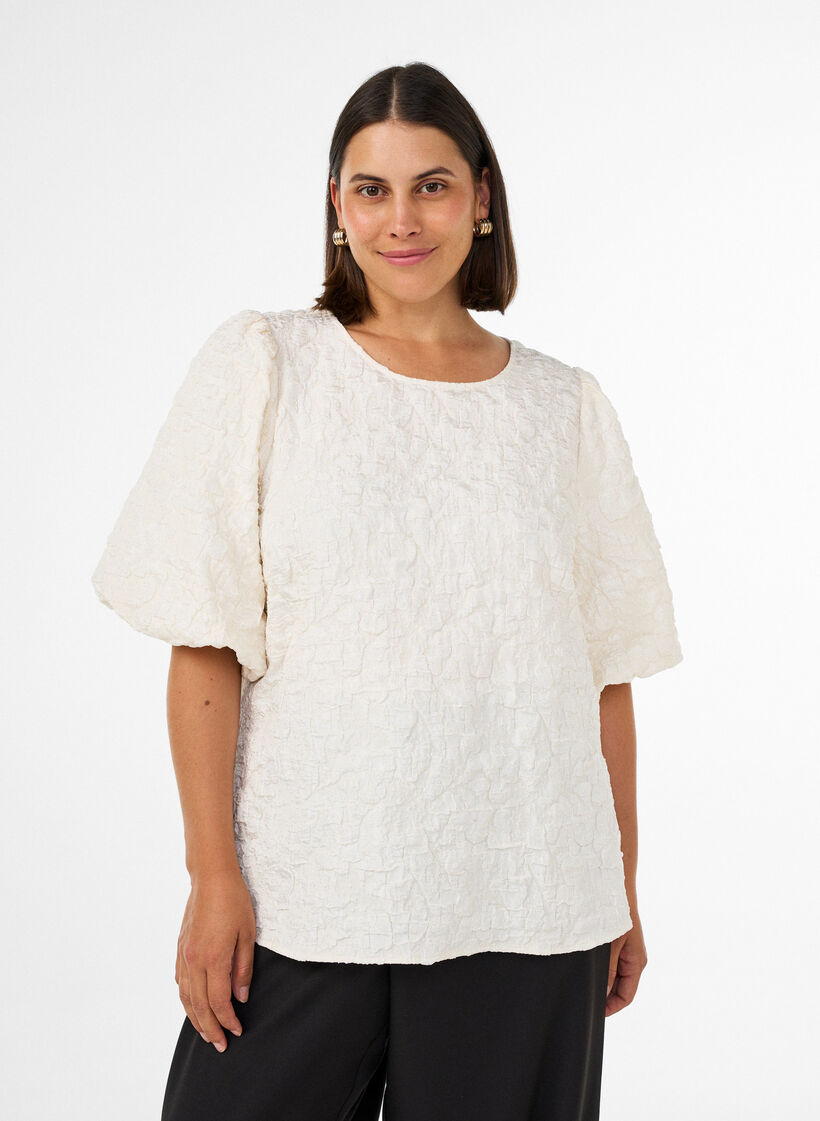 Jacquard blouse with puff sleeves and an A-line shape, Vanilla, Model image number 0