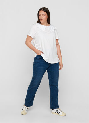 Short-sleeved cotton t-shirt with collar, Bright White, Model image number 2